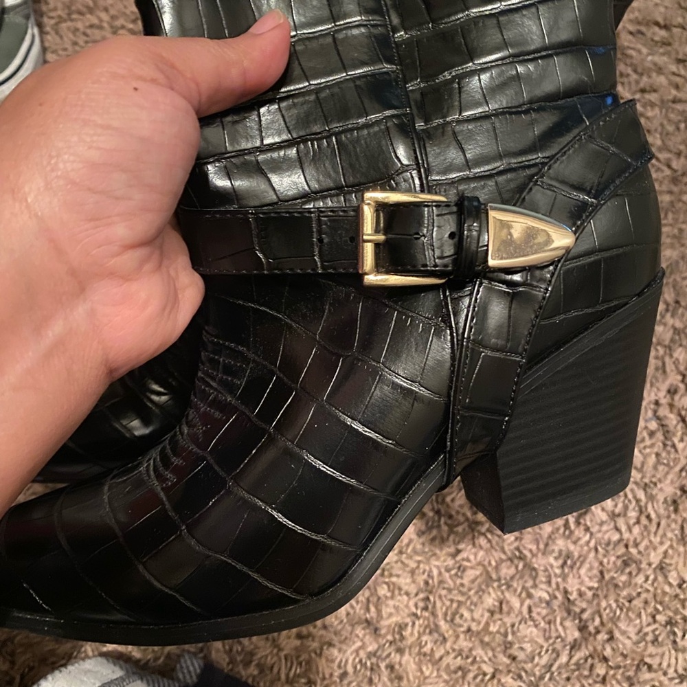Black Croc-Embossed Heeled Boots with Gold Buckle